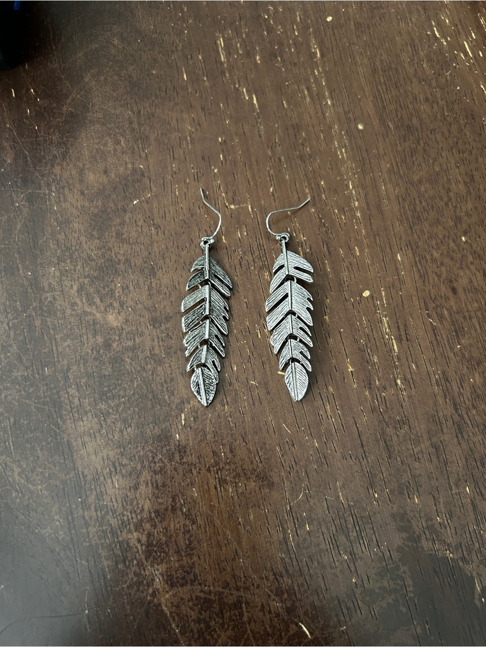 Textured Silver Feather Drop Earrings for Women